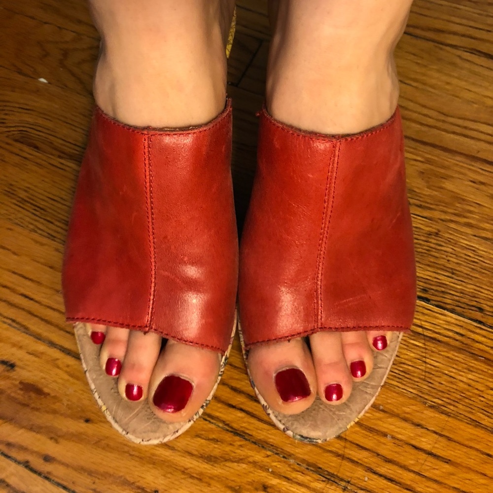 Born Leather Red & Floral Platform Slip On Sandals